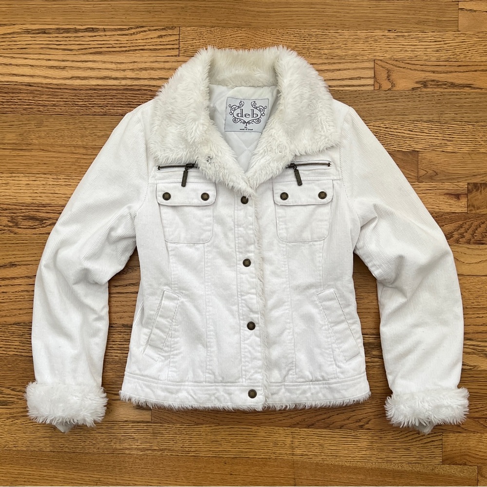 Y2K White Corduroy & Faux Fur Trim Zipper Coat